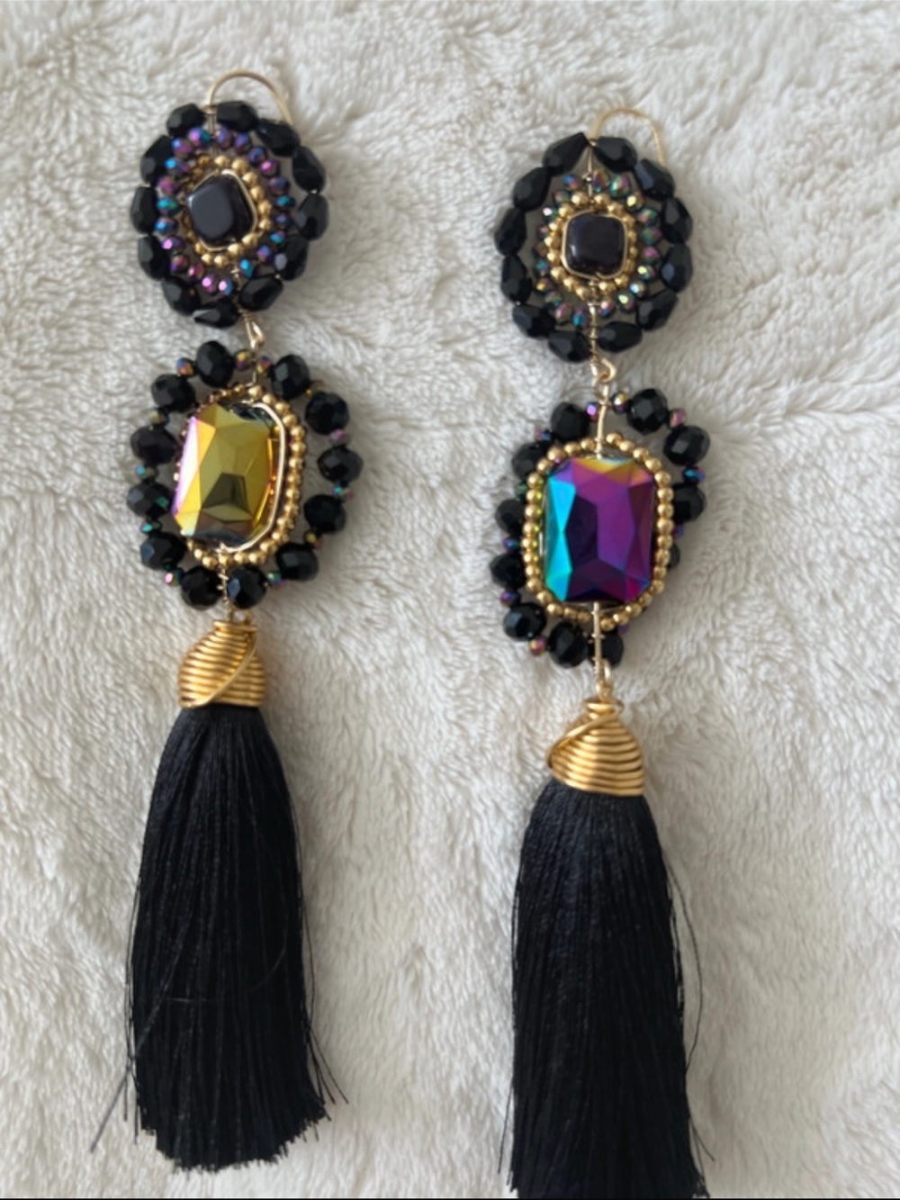 Gold-Accent Black Tassel Earrings with Iridescent Gemstones